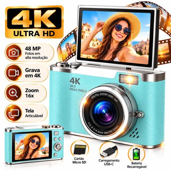 Câmera Digital 4K 48MP para Vlogs Fotos Selfies e Viagens : VERDE