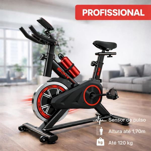 Bicicleta Spinning Profissional Preto Vermelho Suporta até 120kg, Altura Ideal 1,70m Fitness em Casa