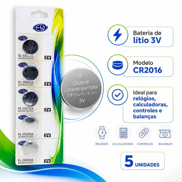 Kit 5 Pilhas 2016 Baterias CR2016 3V Lítio Botão Egla