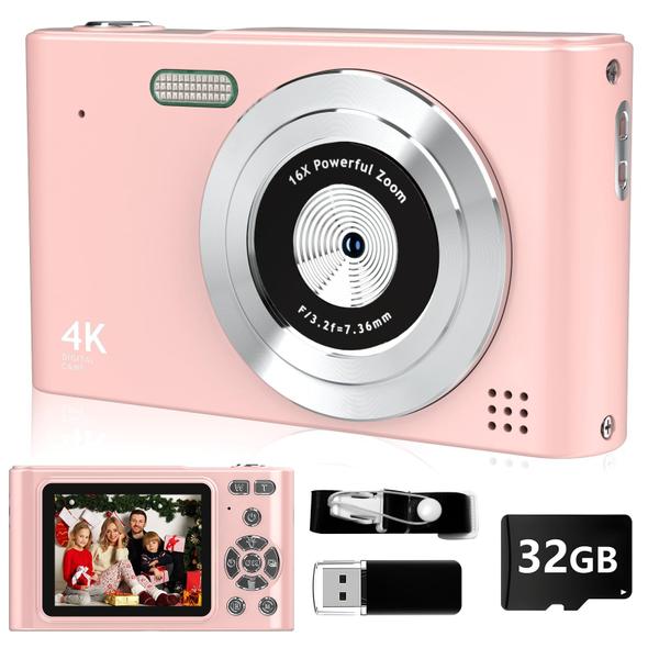 Câmera digital BEARBISU 44MP Full HD 1080P com cartão de 32GB - rosa