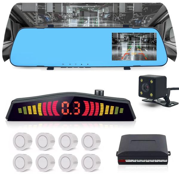 Kit Retrovisor C/ Tela + Câmera Ré + Sensor 8 Pontos Branco Ford Focus 2010 2011 2012 2013 2014 2015 Estacionamento Aviso Sonoro