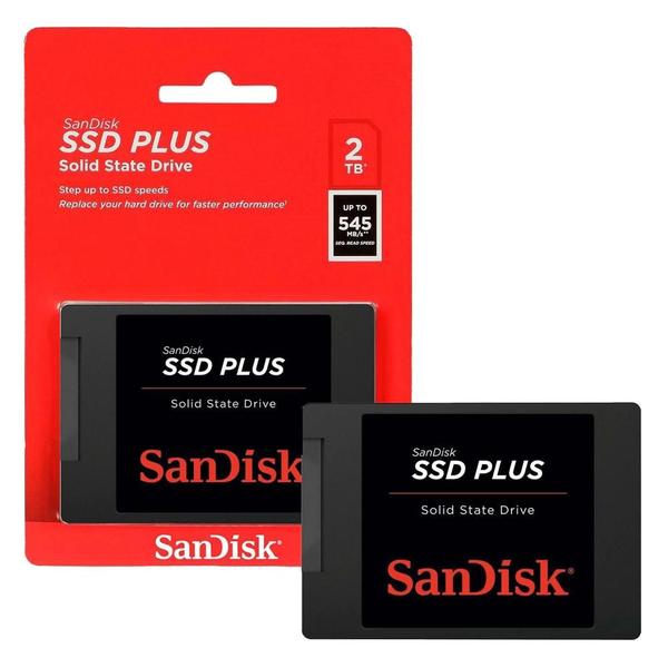 SSD SanDisk Plus 2TB Sata III 6GBs Leitura 545MBs e Gravação 445MBs SDSSDA 2T00 G26 SSD SanDisk Plus 2TB Sata III 6GBs Leitura 545MBs e Gravação 445MBs SDSSDA 2T00 G26
