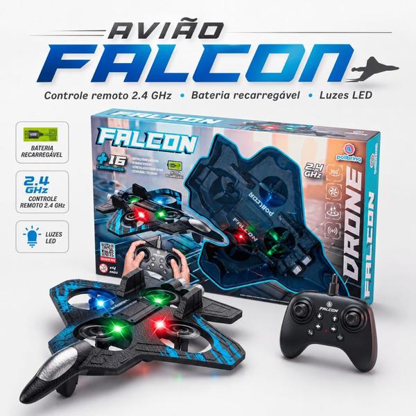 Avião Drone Controle Remoto Infantil Caça Jato 2.4GHz Sensor de Obstáculos Giro 360 Luz LED