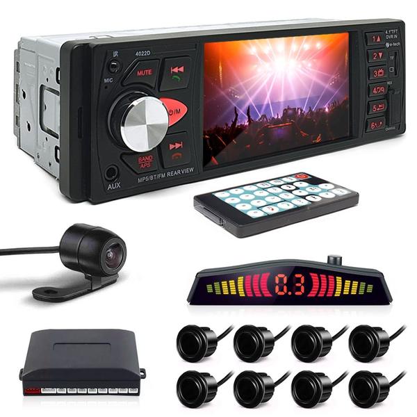 Kit Rádio C/ Tela 1 Din + Câmera Ré + Sensor 8 Pontos Preto Hyundai Azera 2014 2015 2016 2017 2018 2019 2020 Estacionamento