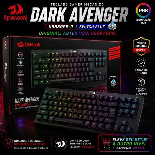 Teclado Gamer Mecânico Redragon Dark Avenger K568RGB2 RGB Switch Blue ABNT2 USB Anti Ghosting Original