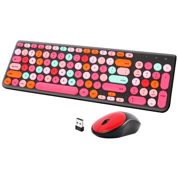 Combinação de teclado e mouse sem fio, teclado sem fio de máquina de escrever retrô com teclas redondas, mouse de teclado sem fio USB fofo de 2,4 GHz para computador, desktop, laptop e computador (preto e colorido)