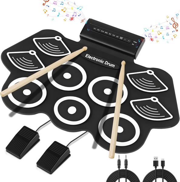Conjunto de Bateria Eletrônica Portátil 9 Pads, Dobrável, com Pedais, Baquetas e Cabo USB
