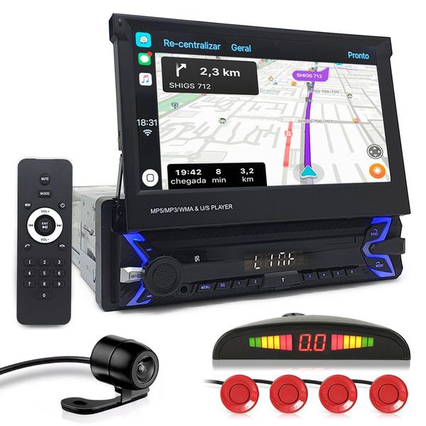 Kit Multimídia Tela Retrátil + Câmera Ré + Sensor Ré Vermelho UP 2014 2015 Espelhamento