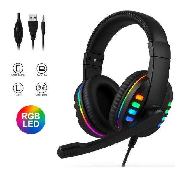 Headset Fone Gamer Led RGB com microfone USB e P2 Para PC Computador Celular Videogame