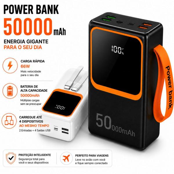 Power Bank 50000mAh 66W Carregador Portátil Universal USB-C e USB Turbo Compatível Android iOS