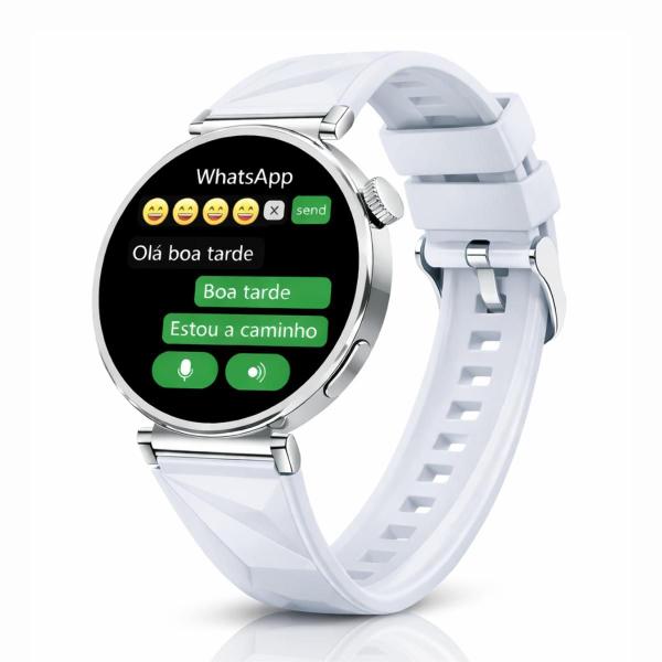 Relógio Smartwatch GT5 Mini Feminino Redondo Bluetooth Chat GPT Responde WhatsApp 2 Pulseiras