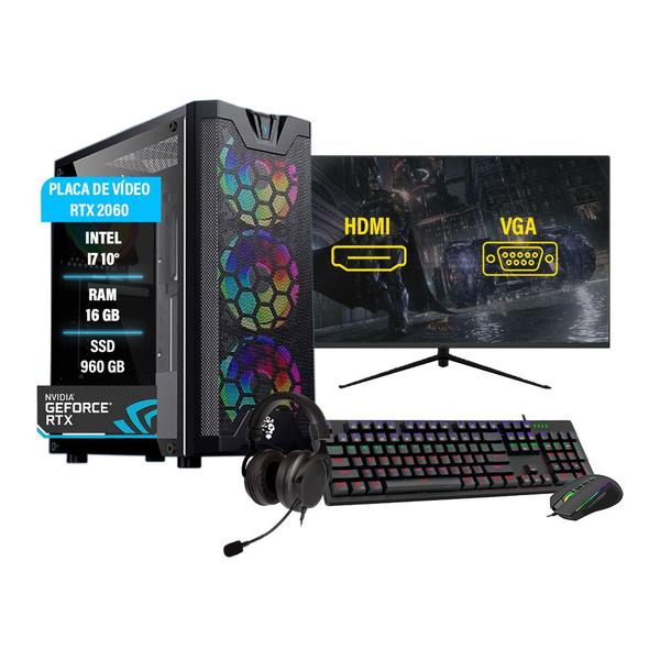 Pc gamer Completo I7 10 RTX 2060 16GB SSD 960GB Monitor 27'
