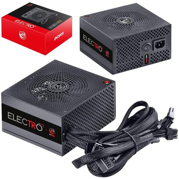 Fonte de Alimentação Gamer Pcyes Eletro V2 750W/800W ATX 115V/230V Silenciosa Com 6 Cabos Conectores Com Proteção Contra Sobrecarga
