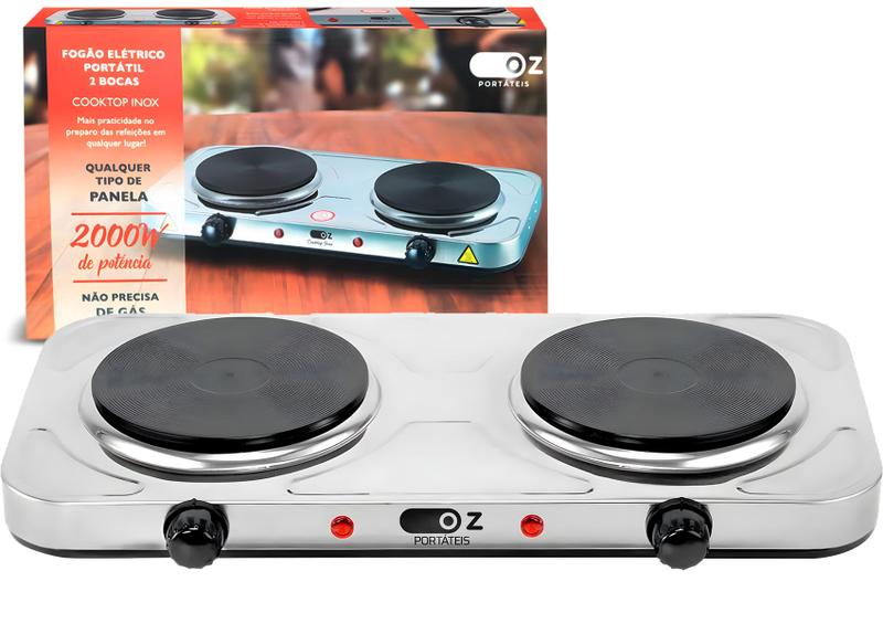Fogão Cooktop Elétrico Portátil De Mesa 2 Bocas 2000w 127v Em Aço Inox