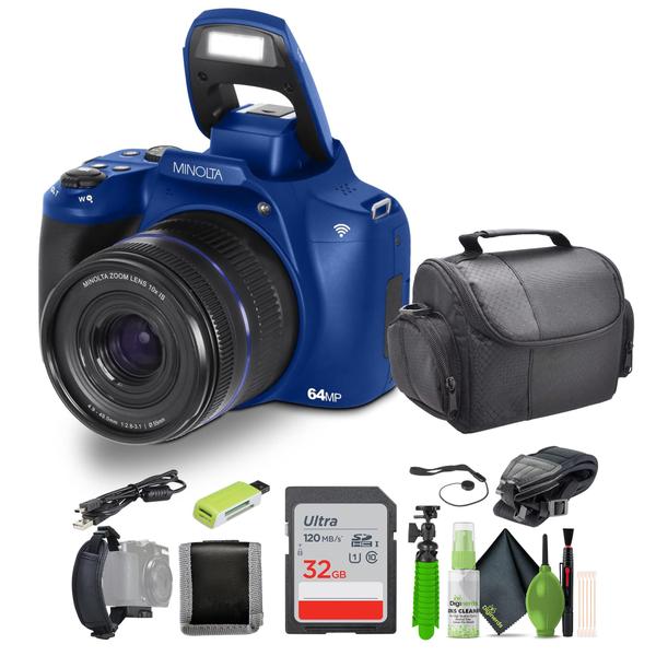 Câmera digital Minolta 64MP com foco automático 10x Zoom 4K azul
