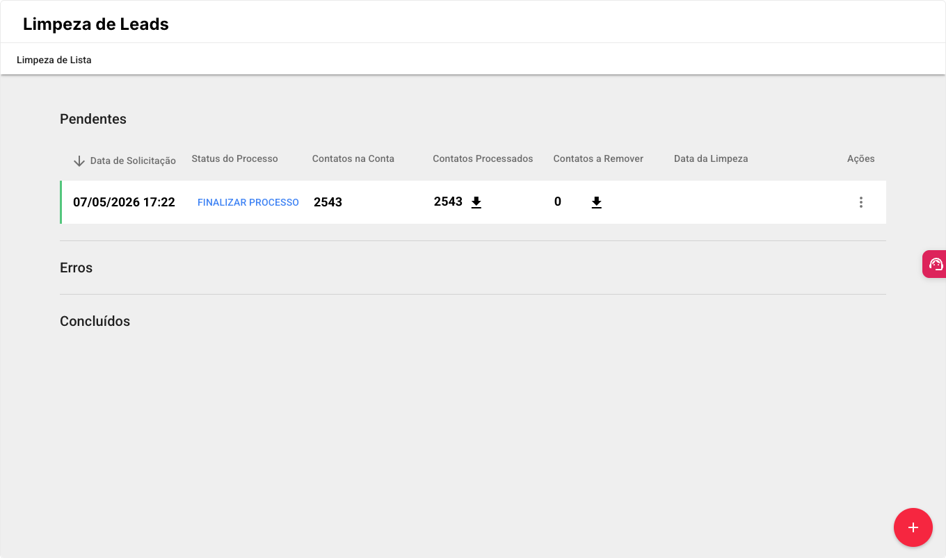 Tela Limpeza de Leads da leadlovers com a lista de solicitações pendentes, as colunas Data de Solicitação, Status do Processo, Contatos na Conta, Contatos Processados, Contatos a Remover, Data da Limpeza e Ações, e o botão + no canto inferior direito