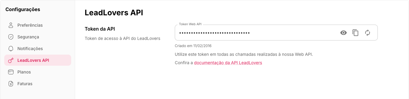 Tela Meu perfil da leadlovers na seção LeadLovers API, com o campo Token Web API e os botões Mostrar token, Copiar token e Renovar token