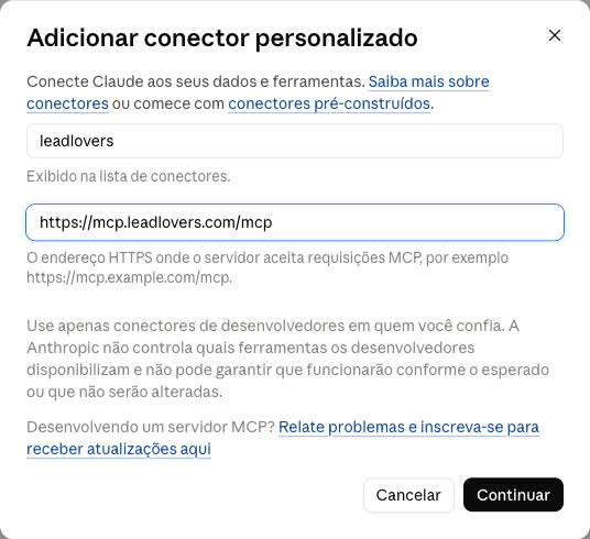Janela Adicionar conector personalizado do Claude, etapa 1 de 2, com o nome leadlovers e a URL do servidor MCP preenchidos e o botão Continuar