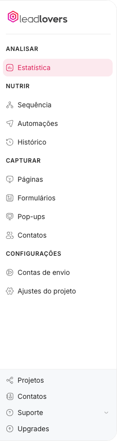 Menu lateral de um projeto na leadlovers, com Estatística, Sequência, Automações, Histórico, Páginas, Formulários, Pop-ups, Contatos, Contas de envio e Ajustes do projeto