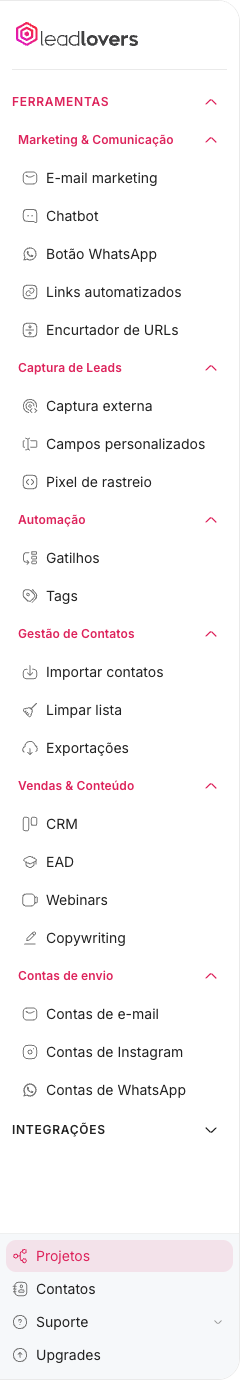 Menu lateral de Ferramentas da leadlovers, com os grupos Marketing & Comunicação, Captura de Leads, Automação, Gestão de Contatos, Vendas & Conteúdo, Contas de envio e Integrações