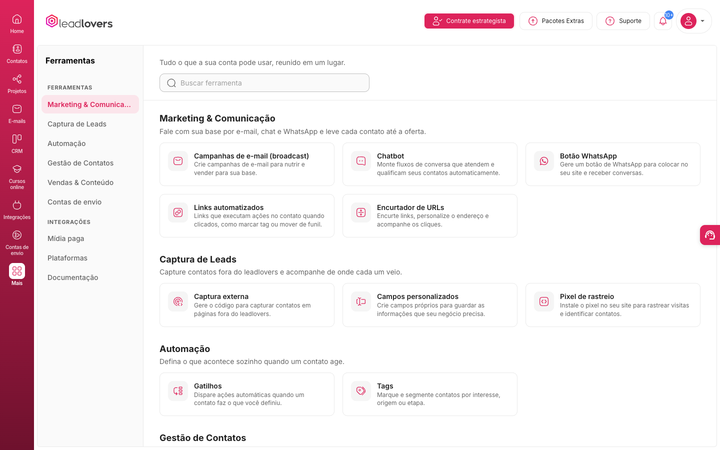 Tela Ferramentas da leadlovers com a barra lateral fixa, o campo Buscar ferramenta e os grupos Marketing & Comunicação, Captura de Leads e Automação