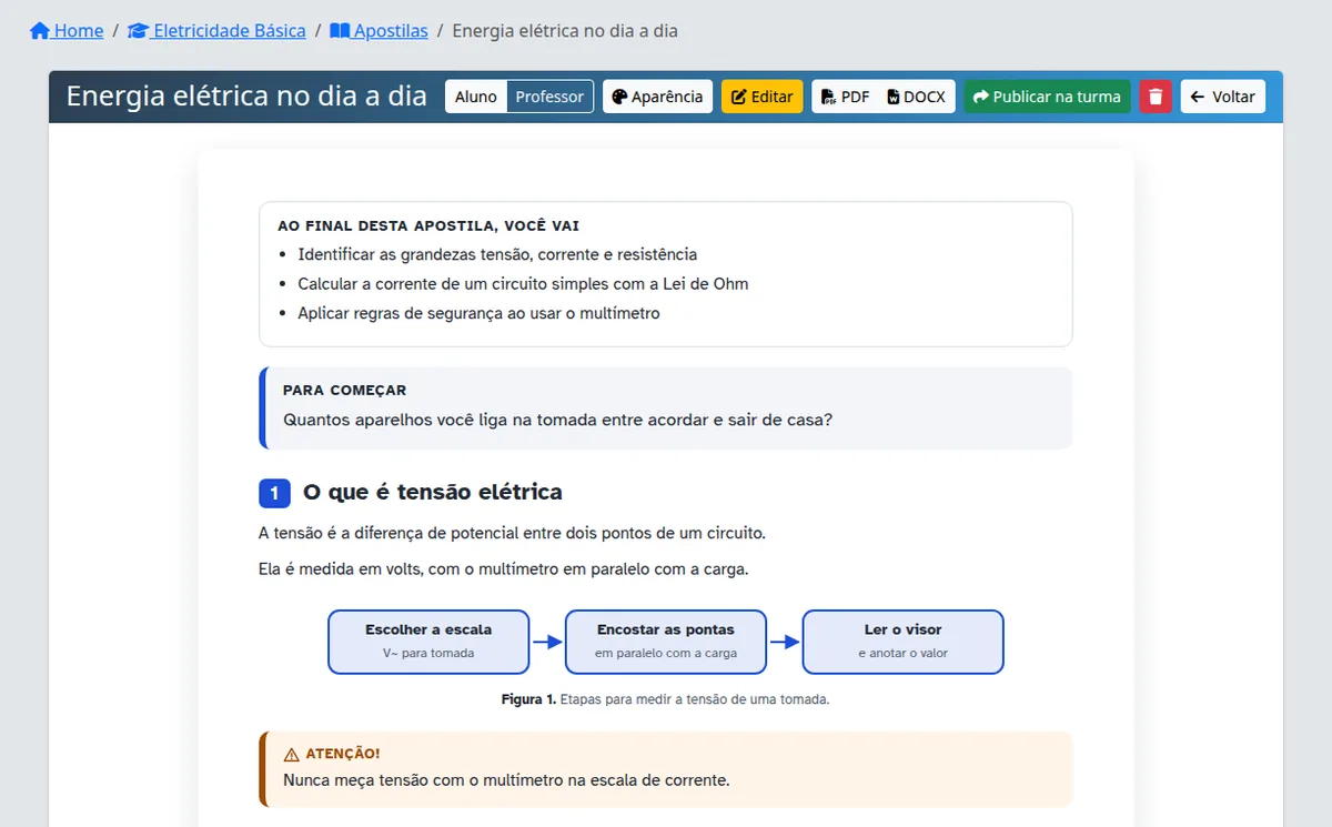 Apostila com objetivos, pergunta de aquecimento, diagrama de etapas e destaque de atenção