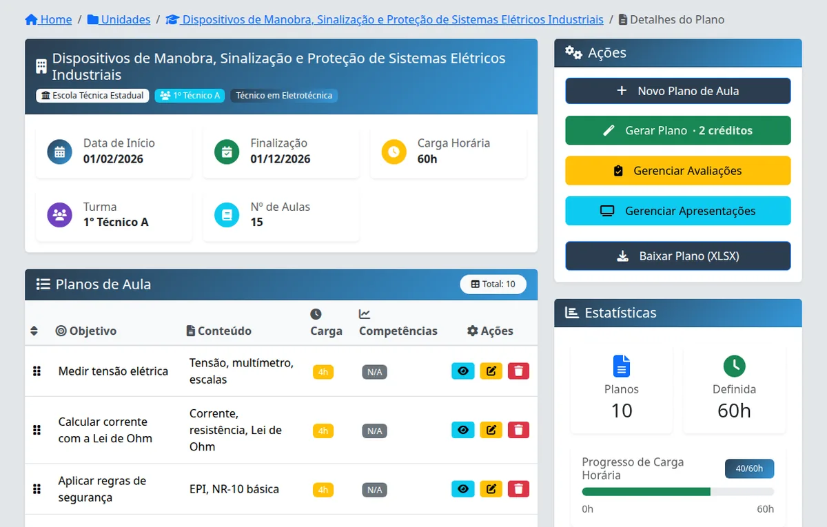 Tela da unidade curricular com a lista de planos de aula gerados e o botão de gerar