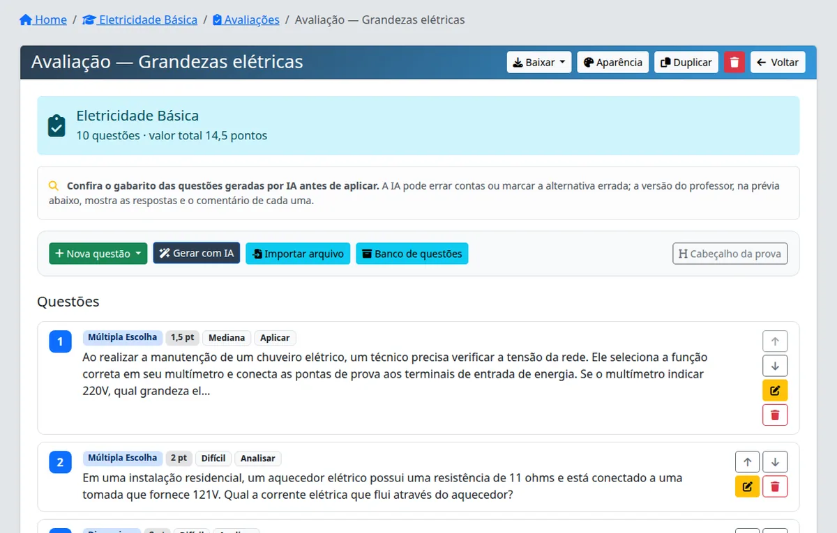 Tela da prova com as questões geradas por IA, tipo, pontuação e dificuldade de cada uma