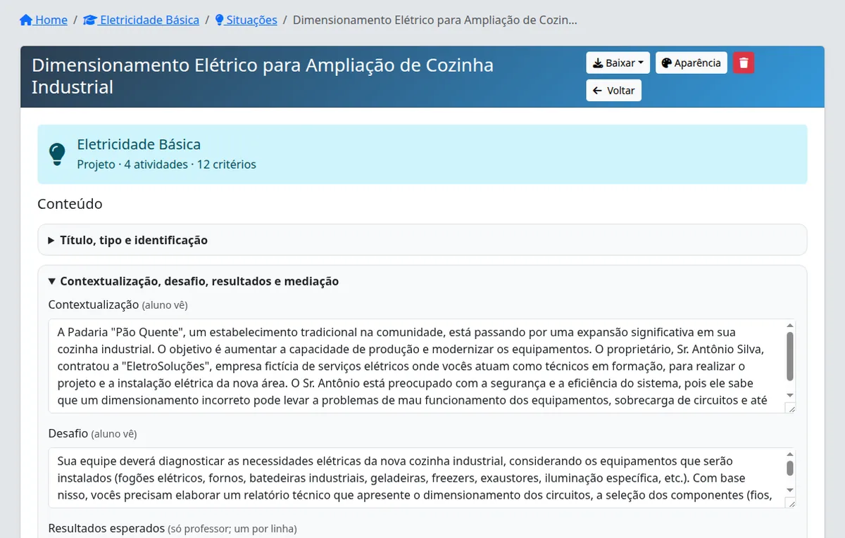 Tela da situação de aprendizagem com a contextualização e o desafio para a turma