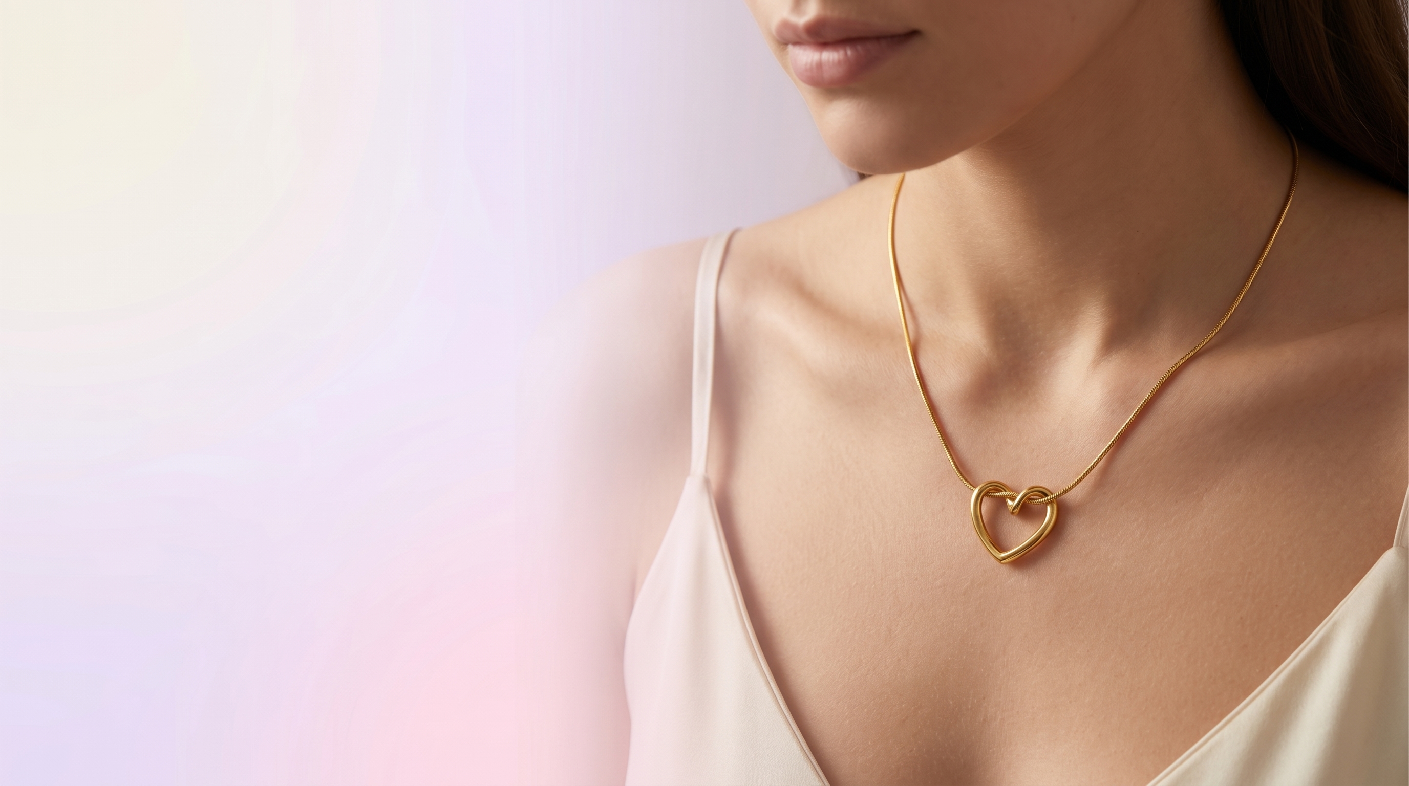 Uma mulher sorridente com cabelos soltos e claros, usando um colar de coração dourado delicado, em um fundo desfocado.
