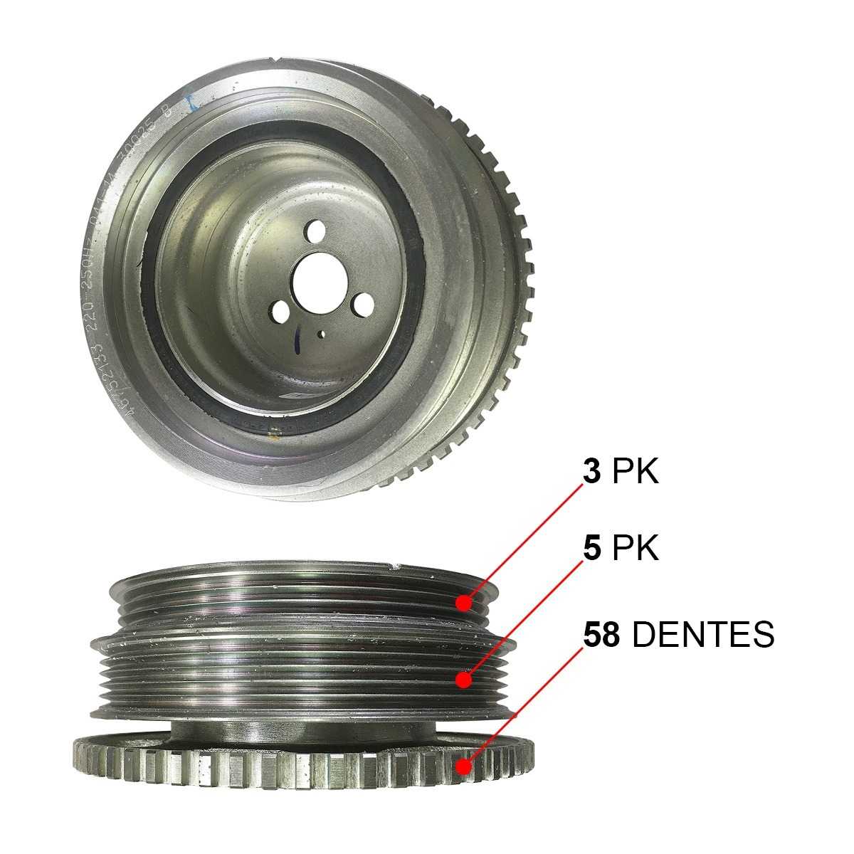 POLIA VIRABREQUIM FIAT UNO/ PALIO/ SIENA/ STRADA/ DOBLO FIRE COM AR E DIRECAO OEM: 46752133 / 55198247 / 55181200