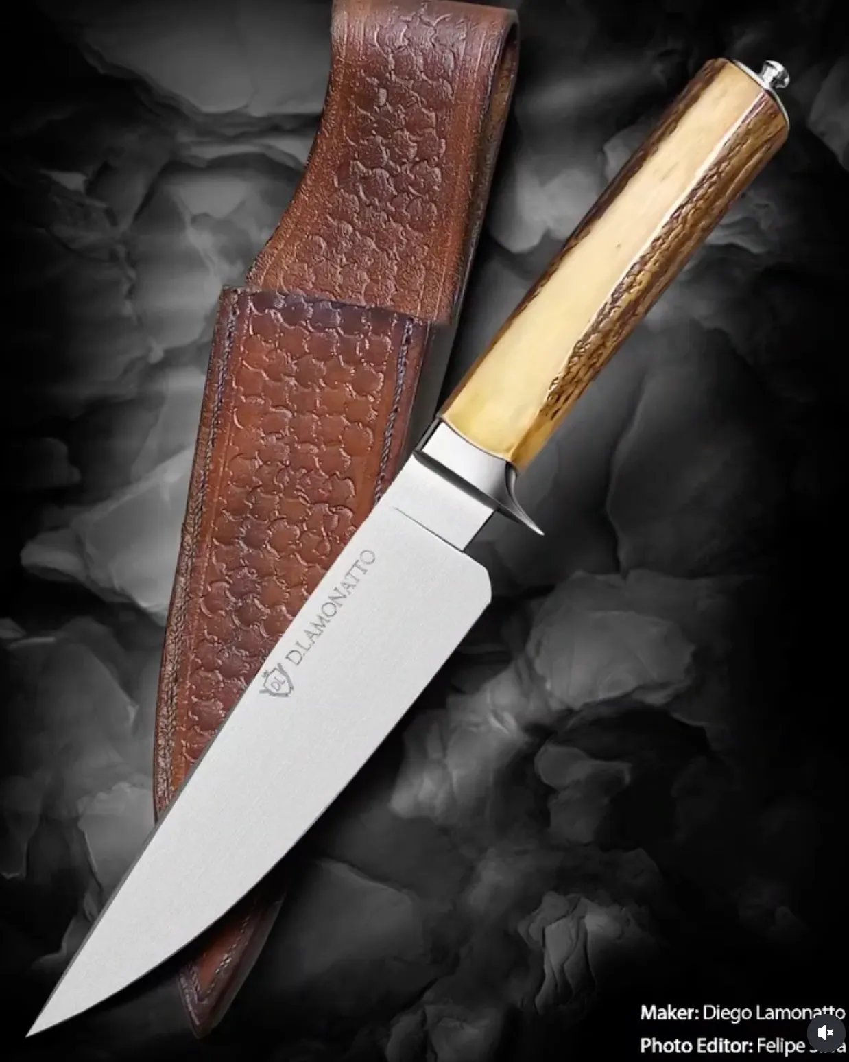Faca Hunter. Aço 52100 , cabo em chifre de cervo, guarda, pomo e bolinha em inox. Bainha em couro de búfalo.